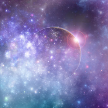 Fantasy deep space planets in colorful celestial clouds, 3D illustration