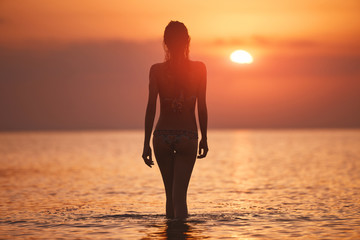 silhouette of a beautiful sexual girl against the sea and sunset. happy woman enjoying summer...