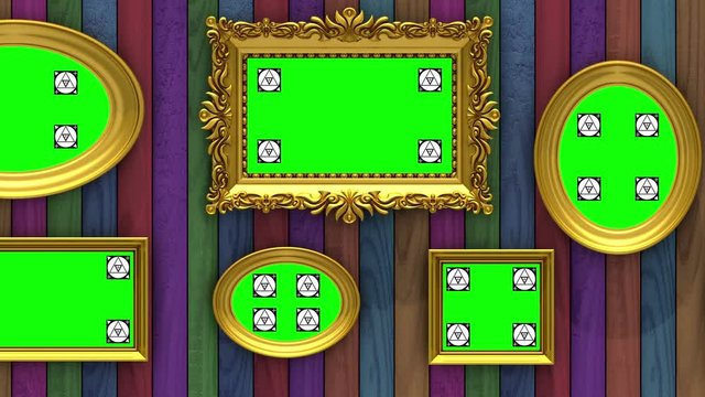 Picture gallery 3d animation. Gold picture frames on varicolored wood background. Camera moves along the wall, seamless loop. Motion tracking markers and green screen included.