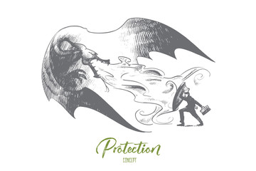 Protection concept. Hand drawn businessman with shield fighting against dragon. Saving business from crisis concept isolated vector illustration.