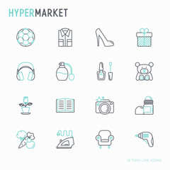 Hypermarket thin line icons set: apparel, sport equipment, electronics, perfumery, cosmetics, toys, food, appliances. Modern vector illustration.