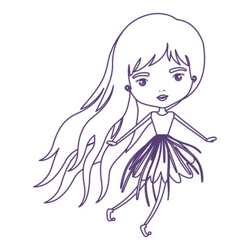 girly fairy without wings and long hair and dress in purple contour over white background vector illustration