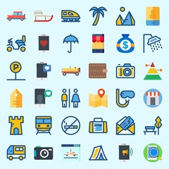 Icons about Travel with train, photo camera, park, snorkel, shop and palm