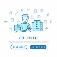 Real estate concept: realtor showing apartment house and thin line icons:  bedroom, keys, elevator, swimming pool, bathroom, facilities. Modern vector illustration, web page template.
