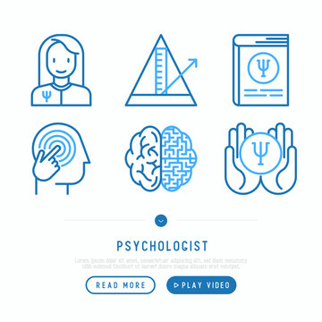 Psychologist thin line icons set: psychiatrist, pendulum, mental health, psychological support. Vector illustration, web page template.