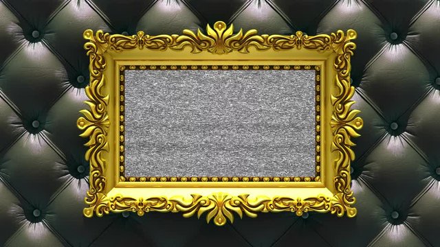 Black luxury upholstery on background. Tv noise and green chroma key plays on the screen in ornate gold picture frame. 3D animated intro.