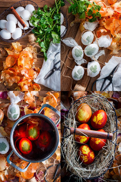 Collage of step-by-step preparation of colored eggs with a pattern for Easter with natural materials (onion husks), selective focus