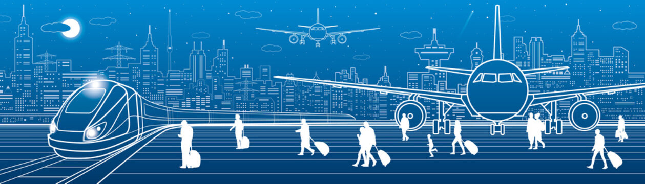 Airport panorama. Passengers go to the train. Aviation travel transportation infrastructure. The plane is on the runway. Night city on background, vector design art