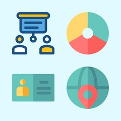 Icons set about Business with presentation, worldwide, id card and pie chart