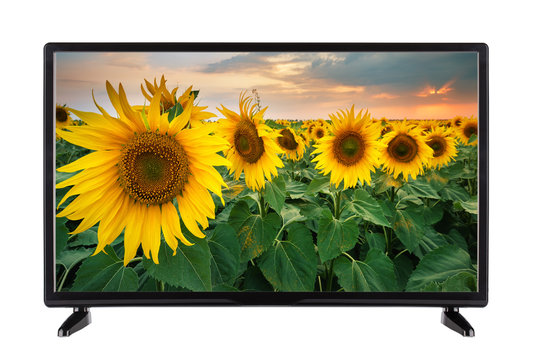 Flat black TV with  picture of  field of sunflowers