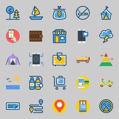icons set about Travel. with wallet, tent, location, purse, sun and plane ticket