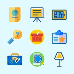 Icons about Business with smartphone, search, shopping basket, lamp, stats and presentation