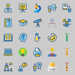 icons set about School And Education. with trophy, notebook, presentation, idea, paint palette and laptop