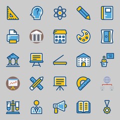 icons set about School And Education. with networking, museum, printer, protractor, user and notebook