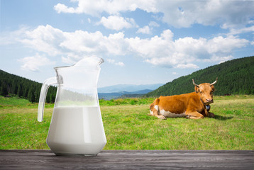 Jug with milk on wooden table on background of cow and mountain 