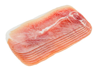 Italian prosciutto crudo or spanish jamon. Raw ham on white background.