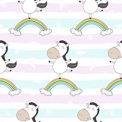Cute seamless pattern with funny pony on a rainbow. vector illustration
