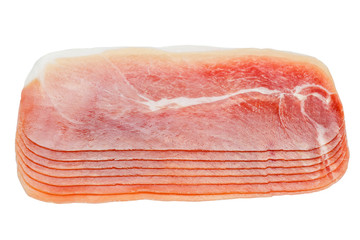 Italian prosciutto crudo or spanish jamon. Raw ham on white background.