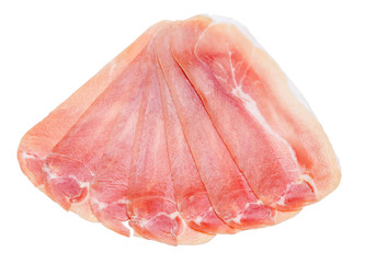 Italian prosciutto crudo or spanish jamon. Raw ham on white background.
