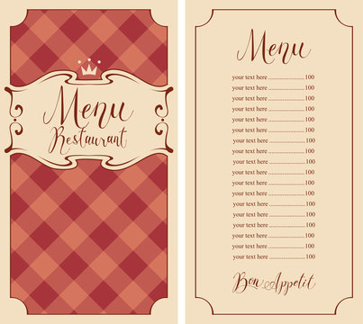 Vector template menu for restaurant with price list, crown and handwritten inscriptions in figured frame on the checkered background in retro style