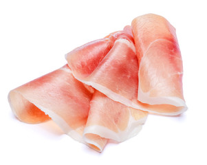 Italian prosciutto crudo or spanish jamon. Raw ham on white background.