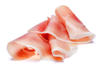 Italian prosciutto crudo or spanish jamon. Raw ham on white background. - obrazy, fototapety, plakaty