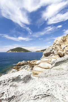 White cliffs, Gulf of Procchio, Marciana, Elba Island, Livorno Province, Tuscany