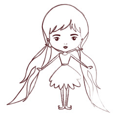 girly fairy without wings and long hair with pigtails in brown blurred silhouette vector illustration