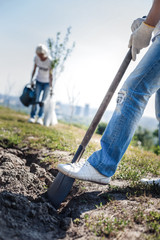 Gardening tool. Close up of a spade being in use by a nice strong man while digging