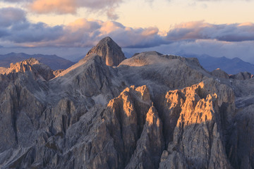 Aerial view of Catinaccio Group (Rosengarten) at sunset, Dolomites, South Tyrol