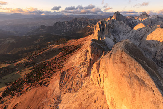 Aerial view of Roda Di Vael at sunset, Catinaccio Group (Rosengarten), Dolomites, South Tyrol