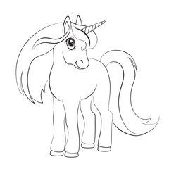 Sketch of a unicorn for coloring, on a white background.