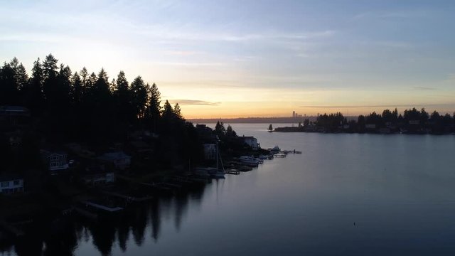 Bellevue Washington Lake Sunset Overlooking Seattle City Skyline Beautiful Amazing Sun Rays - Northwest Aerial View
