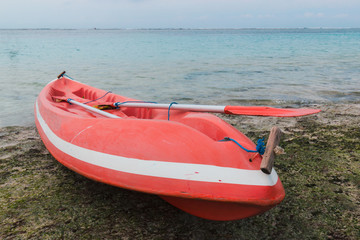 A red canoe on the coastline.