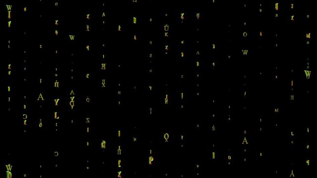 strings of letters fly up and down on a black background. design element. seamless loop.