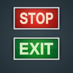 Exit sign. Stop sign. Traffic banners
