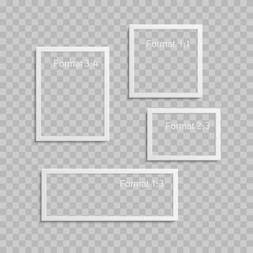 Photo frames with realistic drop shadow vector effect isolated. Image borders with 3d shadows. Empty photo frame template gallery illustration. The size of the photo is 1:3, 1:1, 2:3, 3:4