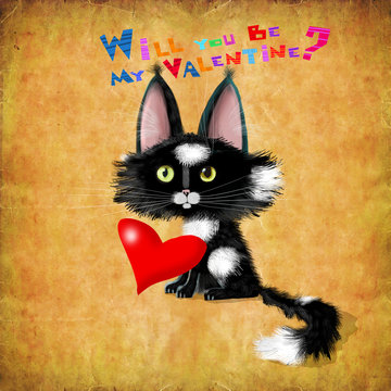 Valentines Day Black Kitten Sitting Next To Red Heart