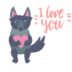 Happy Valentine cute wolf holding a heart flat illustration with hand written lettering I love you isolated on white.