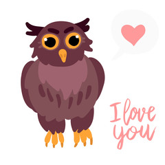 Happy Valentine cute owl flat illustration with heart and hand written lettering I love you isolated on white.