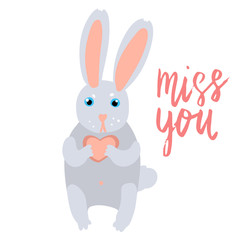 Happy Valentine bunny holding a heart flat illustration with hand written lettering miss you isolated on white.