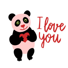 Happy Valentine cute panda flat illustration with hand written lettering I love you isolated on white.