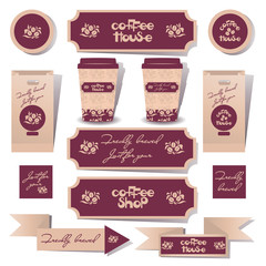 COFFEE HOUSE. Coffee set of objects. Templates of corporate style for fast delivery. Business manuscript for a supermarket, a cafe or coffee shops.