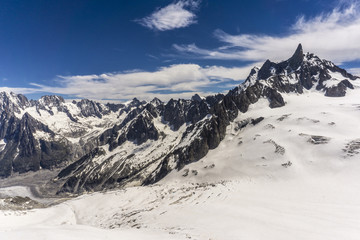 The majestic snowy landscape of the Mont Blanc massif.