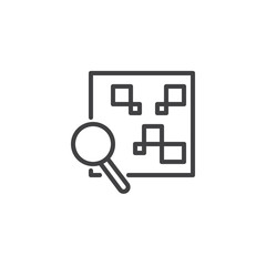 QR code with magnifying glass line icon, outline vector sign, linear style pictogram isolated on white. Search by qr code symbol, logo illustration. Editable stroke