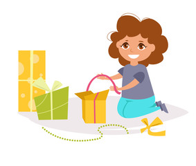 Child opens gifts. Vector.