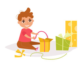 Child opens gifts. Vector