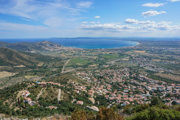 Spain Costa Brava landscape the bay and the city of Roses seen from the mountain, Mediterranean sea, Alt Emporda, Girona, Catalonia