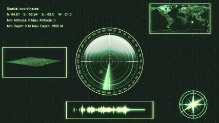 Submarine Sonar with target on map. HUD showing location, landscape surface and coordinates of target. © Visual Voyager