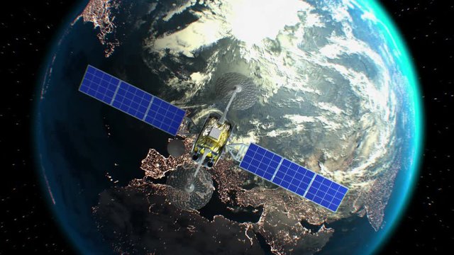 Earth on background, fictional observation satellite flies past, 3d animation. Texture of the Planet was created in graphic editor without photos and images. Pattern of city lights furnished by NASA.